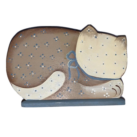 Vintage Folk Art Cat Carved Wood Bank Hand Painted Blue Flowers Tan Brown 6” - Picture 2 of 12